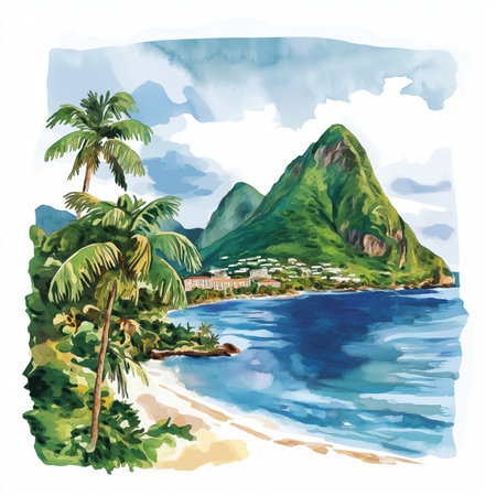 Castries and the Pitons. Castries and the Pitons hand drawn watercolor illustration on white...