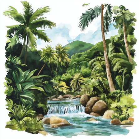 El Yunque National Forest. El Yunque National Forest hand drawn watercolor illustration on white backgroundの写真素材