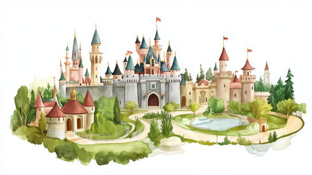 Disneyland Resort. Disneyland Resort hand drawn watercolor illustration on white backgroundの写真素材