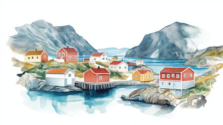 Fogo Island. Fogo Island hand drawn watercolor illustration on white backgroundの写真素材