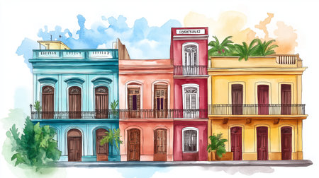 Havana. Havana hand drawn watercolor illustration on white backgroundの写真素材