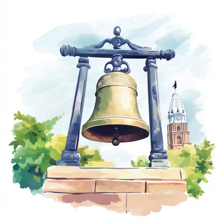 Independence Hall and Liberty Bell. Independence Hall and Liberty Bell hand drawn watercolor illustration on white backgroundの写真素材