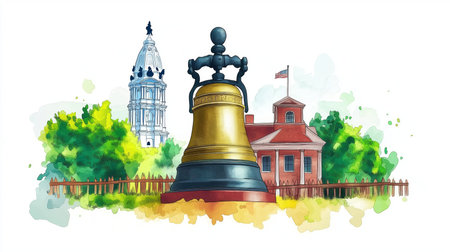 Independence Hall and Liberty Bell. Independence Hall and Liberty Bell hand drawn watercolor illustration on white backgroundの写真素材