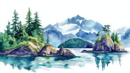 Kenai Fjords National Park. Kenai Fjords National Park hand drawn watercolor illustration on white backgroundの写真素材