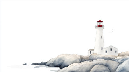 Peggy's Cove Lighthouse. Peggy's Cove Lighthouse hand drawn watercolor illustration on white backgroundの写真素材