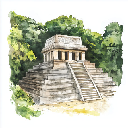 Palenque Ruins. Palenque Ruins hand drawn watercolor illustration on white backgroundの写真素材