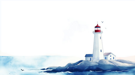 Peggy's Cove Lighthouse. Peggy's Cove Lighthouse hand drawn watercolor illustration on white backgroundの写真素材