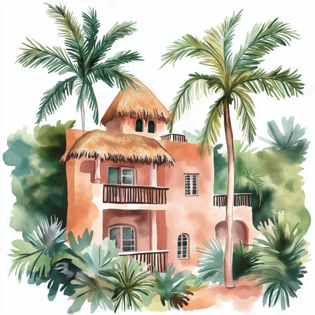Playa del Carmen. Playa del Carmen hand drawn watercolor illustration on white backgroundの写真素材