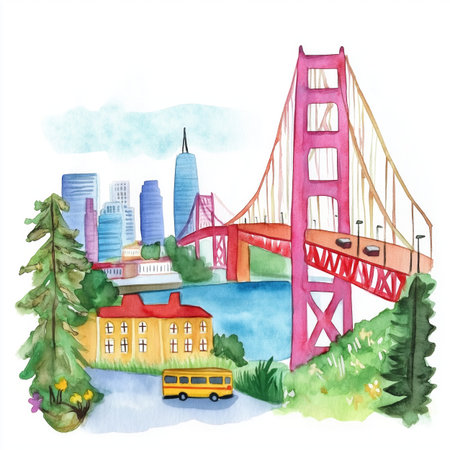 San Francisco. San Francisco hand drawn watercolor illustration on white backgroundの写真素材