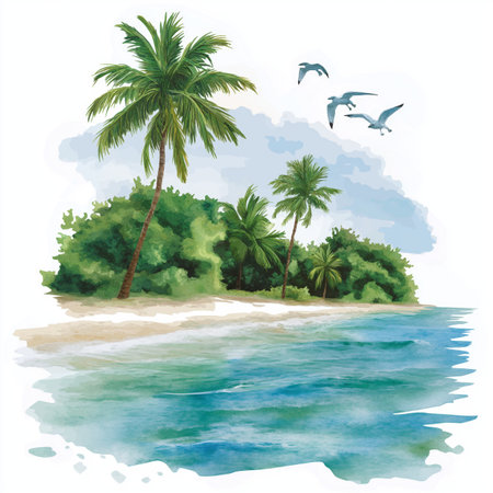 Saona Island. Saona Island hand drawn watercolor illustration on white backgroundの写真素材