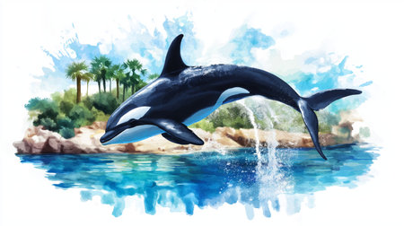 SeaWorld Orlando hand drawn watercolor illustration on white background