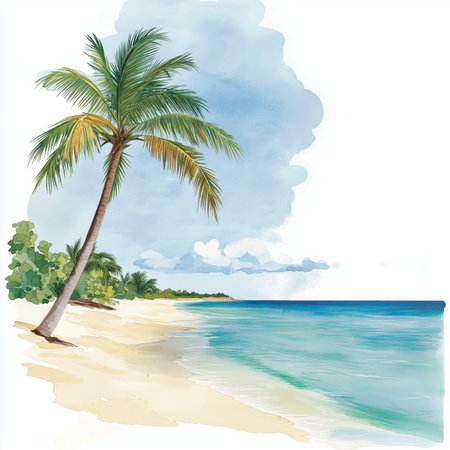 Seven Mile Beach. Seven Mile Beach hand drawn watercolor illustration on white backgroundの写真素材