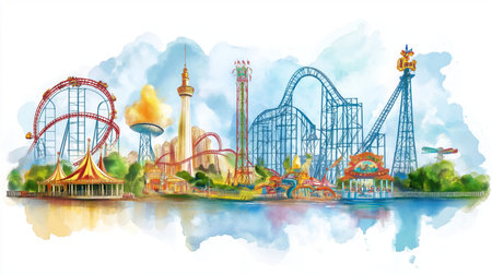 Six Flags Great Adventure. Six Flags Great Adventure hand drawn watercolor illustration on white backgroundの写真素材