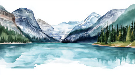 Lake Louise. Lake Louise hand drawn watercolor illustration on white backgroundの写真素材