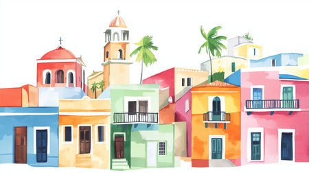Old San Juan. Old San Juan hand drawn watercolor illustration on white backgroundの写真素材