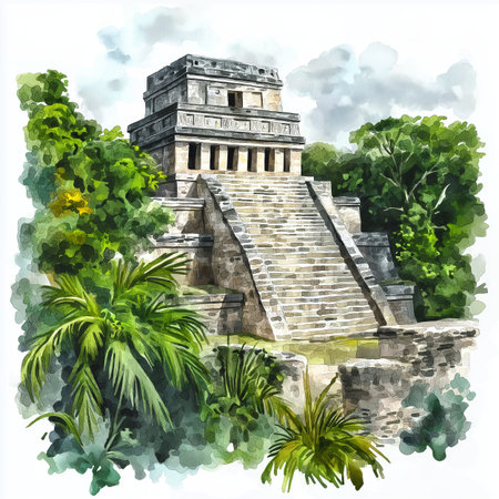 Palenque Ruins. Palenque Ruins hand drawn watercolor illustration on white backgroundの写真素材