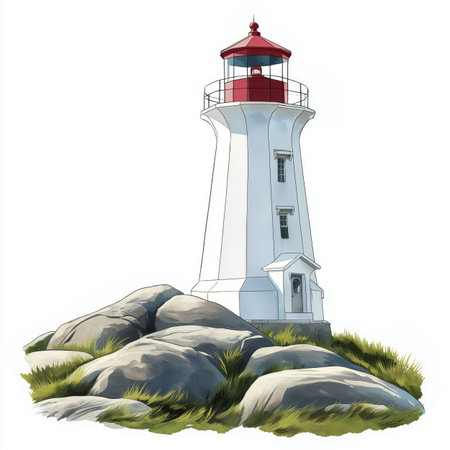 Peggy's Cove Lighthouse. Peggy's Cove Lighthouse hand drawn watercolor illustration on white backgroundの写真素材