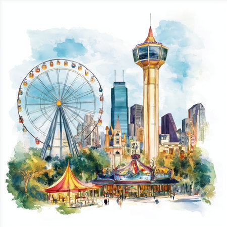 Six Flags Over Texas. Six Flags Over Texas hand drawn watercolor illustration on white backgroundの写真素材
