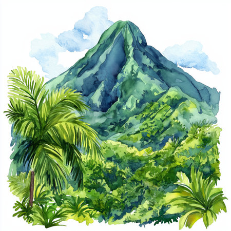 SoufriÃ¨re Volcano. SoufriÃ¨re Volcano hand drawn watercolor illustration on white backgroundの写真素材