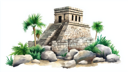 Tulum Ruins. Tulum Ruins hand drawn watercolor illustration on white background