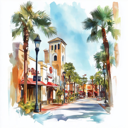 Universal Studios Florida. Universal Studios Florida hand drawn watercolor illustration on white backgroundの写真素材