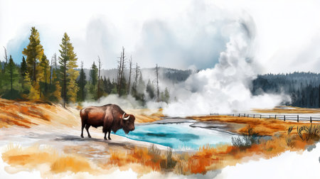 Yellowstone National Park. Yellowstone National Park hand drawn watercolor illustration on white backgroundの写真素材