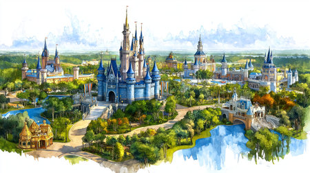 Walt Disney World Magic Kingdom. Walt Disney World Magic Kingdom hand drawn watercolor illustration on white backgroundの写真素材