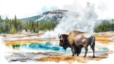 Yellowstone National Park. Yellowstone National Park hand drawn watercolor illustration on white backgroundの写真素材