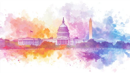 Washington DC. Washington DC hand drawn watercolor illustration on white backgroundの写真素材