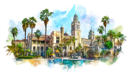 Universal Studios Hollywood. Universal Studios Hollywood hand drawn watercolor illustration on white backgroundの写真素材