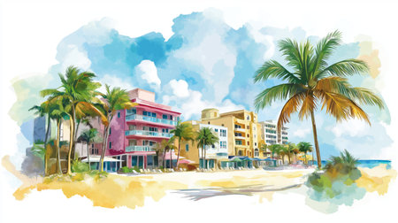 Miami's South Beach. Miami's South Beach hand drawn watercolor illustration on white backgroundの写真素材