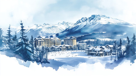 Whistler Blackcomb. Whistler Blackcomb hand drawn watercolor illustration on white backgroundの写真素材