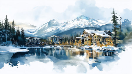 Whistler Blackcomb. Whistler Blackcomb hand drawn watercolor illustration on white backgroundの写真素材