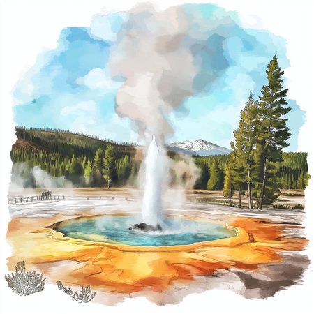 Yellowstone National Park. Yellowstone National Park hand drawn watercolor illustration on white backgroundの写真素材
