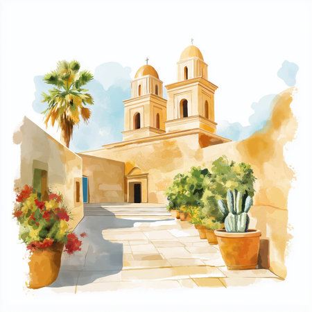 Santa Catalina Monastery. Santa Catalina Monastery hand drawn watercolor illustration on white backgroundの写真素材
