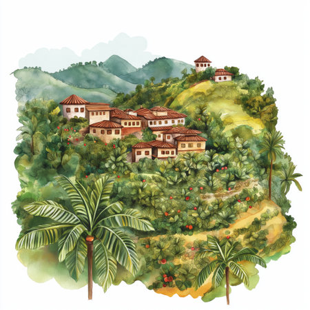 Coffee Cultural Landscape - Eje Cafetero. Coffee Cultural Landscape - Eje Cafetero hand drawn watercolor illustration on white backgroundの写真素材