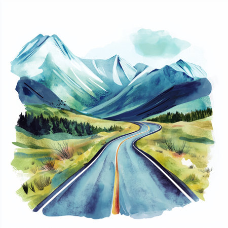 Carretera Austral. Carretera Austral hand drawn watercolor illustration on white backgroundの写真素材