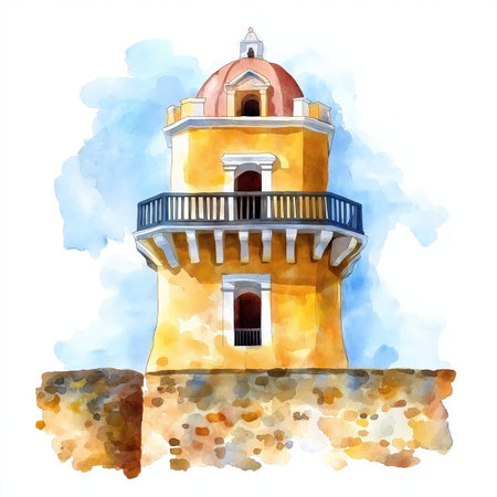 Castillo San Felipe de Barajas. Castillo San Felipe de Barajas hand drawn watercolor illustration on white backgroundの写真素材