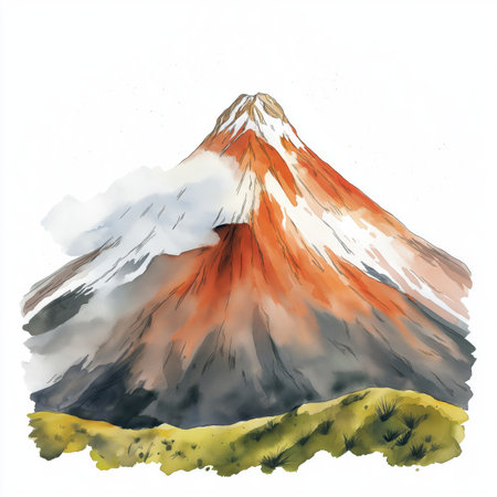 Cotopaxi Volcano. Cotopaxi Volcano hand drawn watercolor illustration on white backgroundの写真素材
