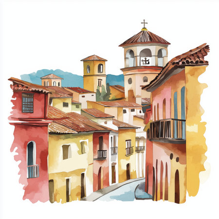 Cuenca Historic Center. Cuenca Historic Center hand drawn watercolor illustration on white backgroundの写真素材