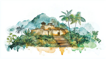 Ciudad Perdida - The Lost City. Ciudad Perdida - The Lost City hand drawn watercolor illustration on white backgroundの写真素材