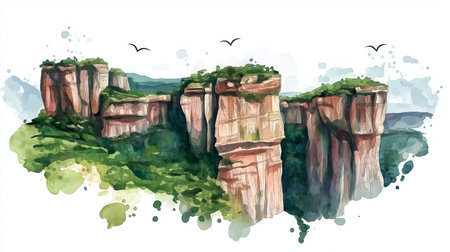 Chapada dos Veadeiros National Park. Chapada dos Veadeiros National Park hand drawn watercolor illustration on white backgroundの写真素材