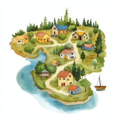 Chiloe Island. Chiloe Island hand drawn watercolor illustration on white backgroundの写真素材