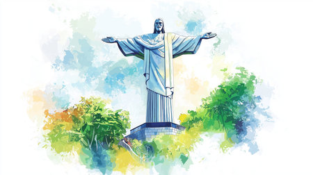 Christ the Redeemer. Christ the Redeemer hand drawn watercolor illustration on white backgroundの写真素材