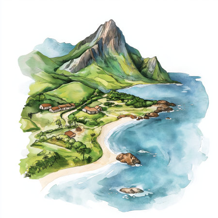 Isla de la Plata. Isla de la Plata hand drawn watercolor illustration on white backgroundの写真素材