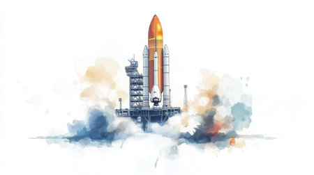 Space Center smoke. Kourou Space Center hand drawn watercolor illustration on white background