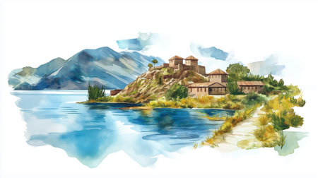 Lake Titicaca - Isla del Sol. Lake Titicaca - Isla del Sol hand drawn watercolor illustration on white backgroundの写真素材