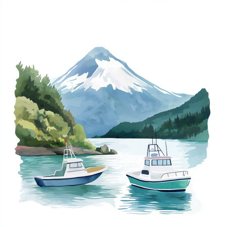 Lake District - Villarrica. Lake District - Villarrica hand drawn watercolor illustration on white backgroundの写真素材