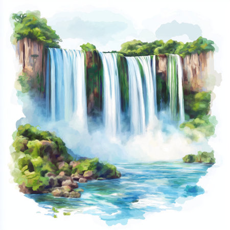 Iguazu Falls. Iguazu Falls hand drawn watercolor illustration on white backgroundの写真素材