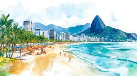 Ipanema Beach. Ipanema Beach hand drawn watercolor illustration on white backgroundの写真素材